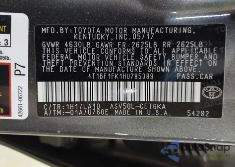 2017 Toyota Camry Xle из США, поврежденный, VIN 4T1BF1FK1HU785389